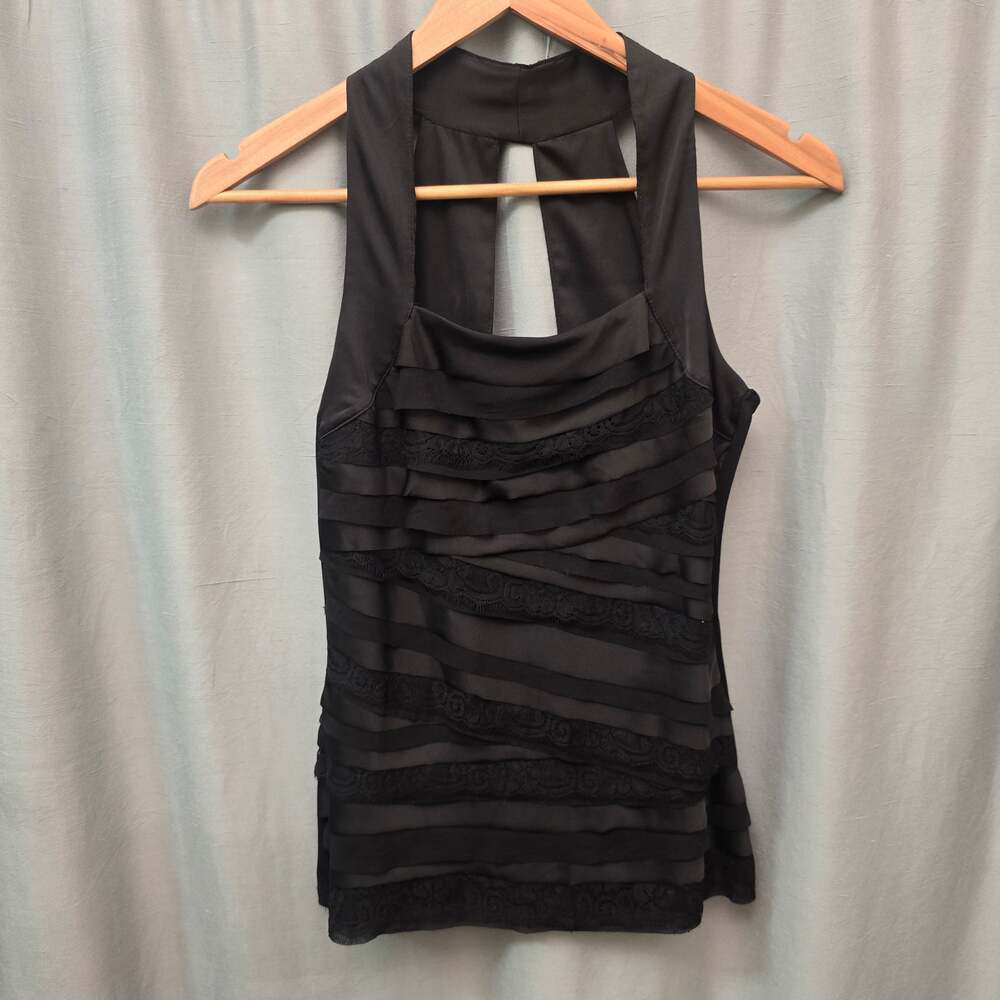 WHBM Black Lace Halter Top XS Romantic Layered Satin Chiffon Feminine Elegance